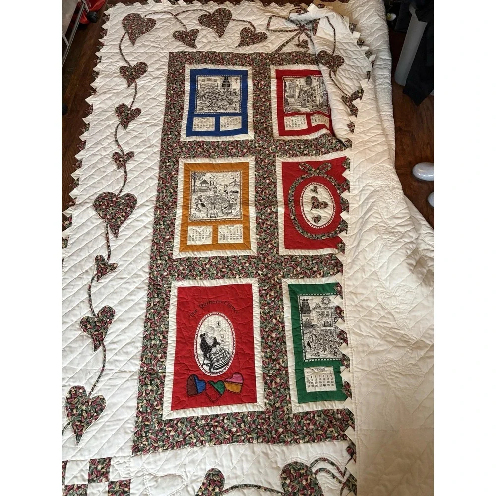 Handmade Embroidery Monthly Calendar Patchwork Quilt Wall Hanging Art 98x83